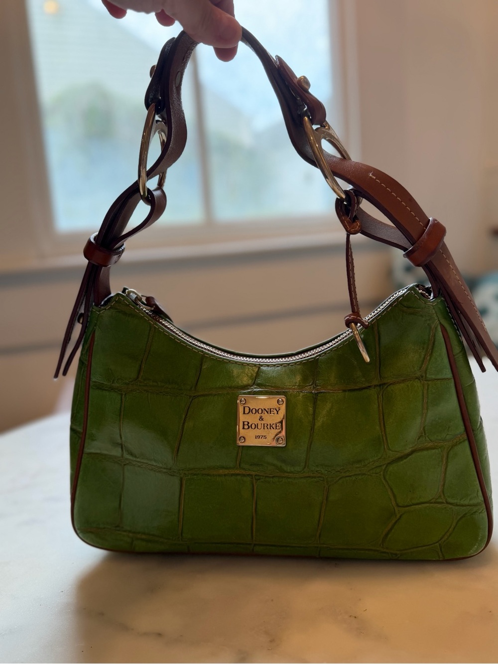 Dooney & Bourke Green Croc-Embossed Leather Shoulder Bag with Brown Trim - Picture 2 of 11